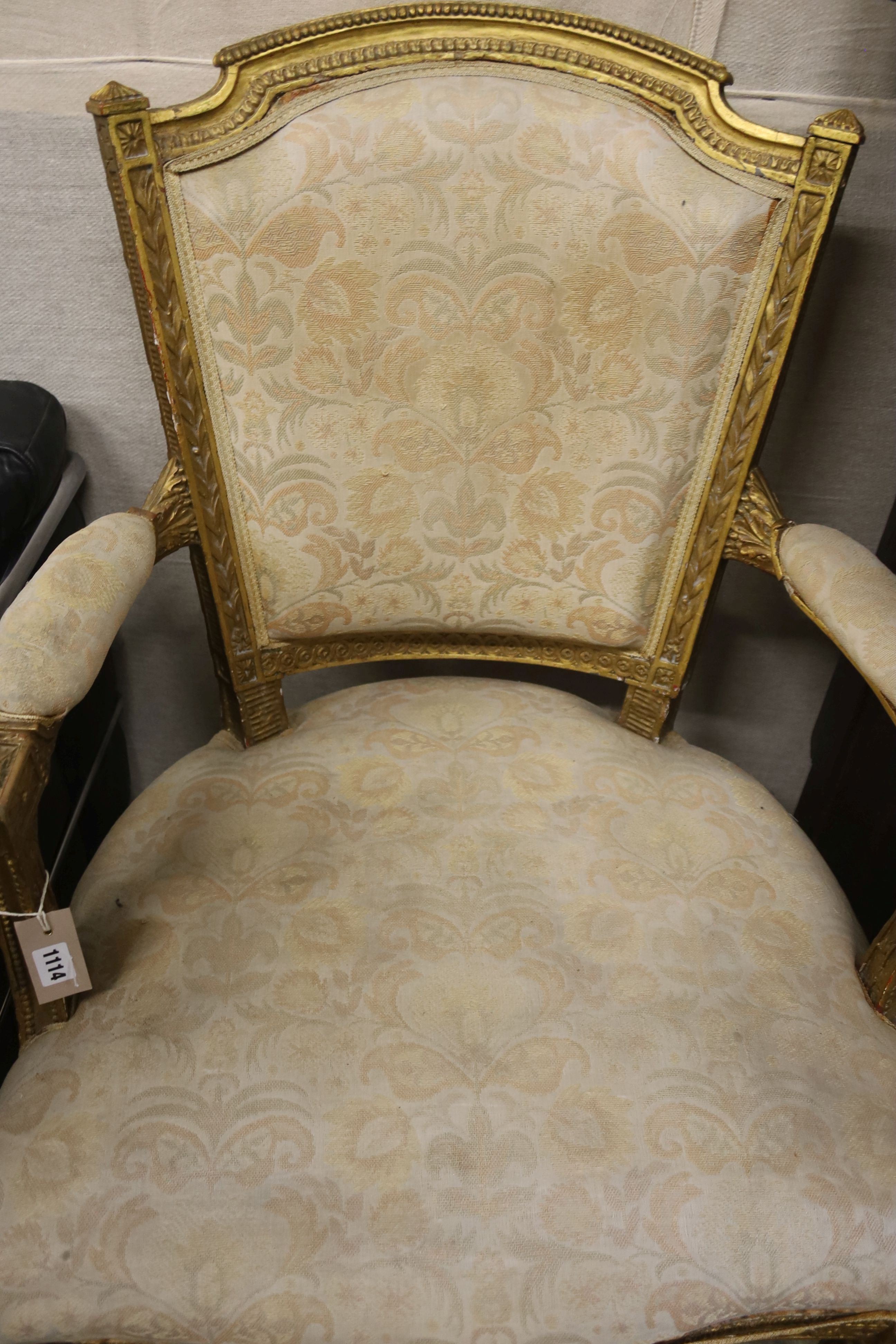 A 19th century French giltwood fauteuil, width 65cm, depth 60cm, height 94cm